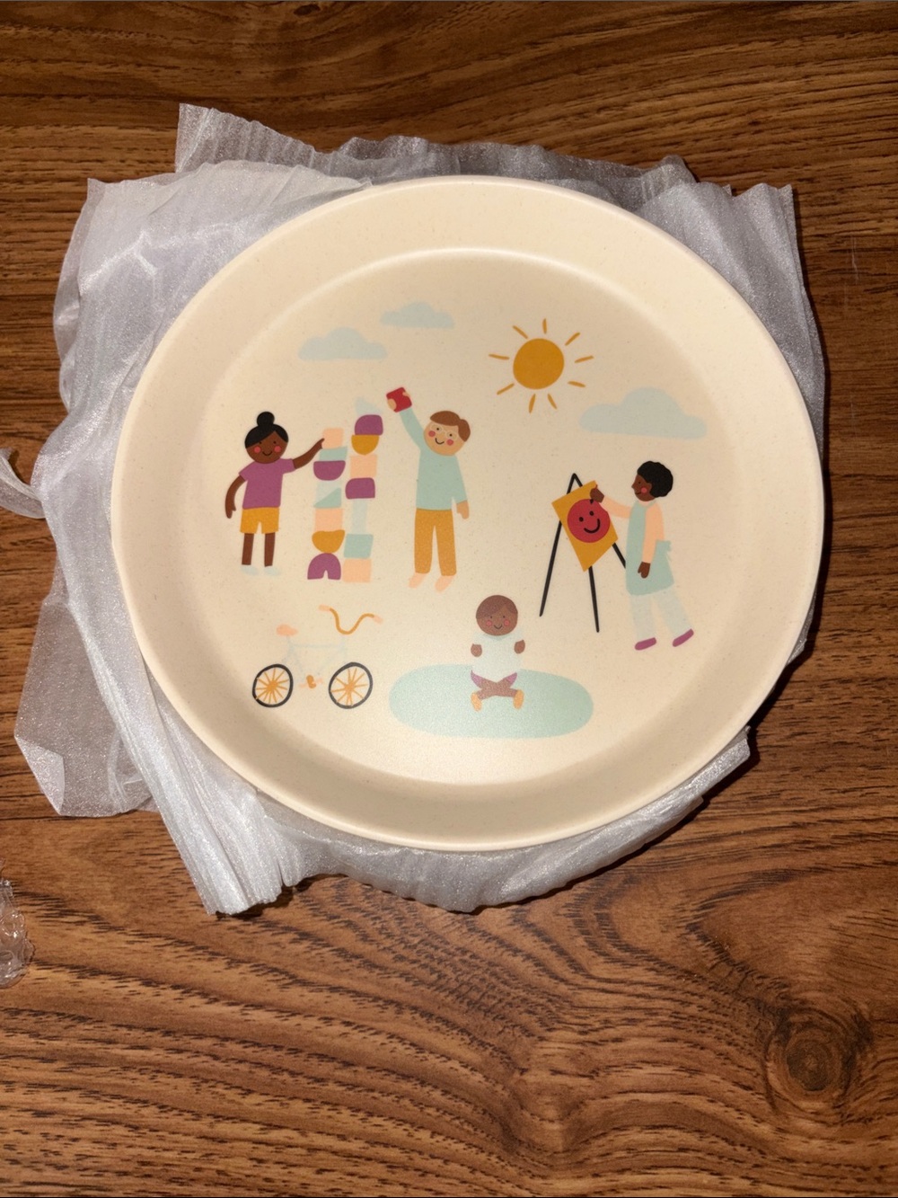 4 Kids' Cream Bamboo Plate with Playful Pastel Illustration
